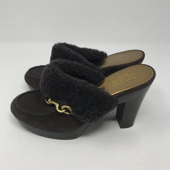 Coach Idyle Brown Suede Shearling Faux Fur Brass Trim Mules Sz 7.5 - Picture 3 of 10